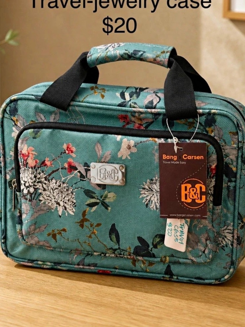 Bang & Carsen Green Canvas Makeup Bag w/ Zipper Handle Pockets 13x9 BC-425